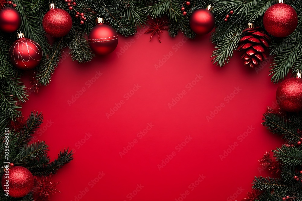 Festive Christmas Decoration Background with Red Ornaments and Pine Branches for Holiday Celebrations : Generative AI Festive Christmas Decoration Background with Red Ornaments and Pine Branches for Holiday Celebrations : Generative AI