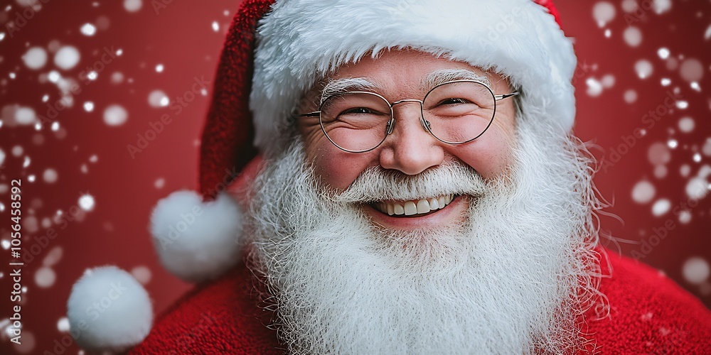 Jolly Santa Claus Smiling in a Festive Red Suit with Falling Snowflakes : Generative AI Jolly Santa Claus Smiling in a Festive Red Suit with Falling Snowflakes : Generative AI