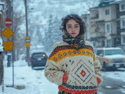 A model wearing a cozy oversized sweater and scarf in a snowy outdoor setting focus on, chic winter style, vibrant, overlay, snowy park backdrop photo