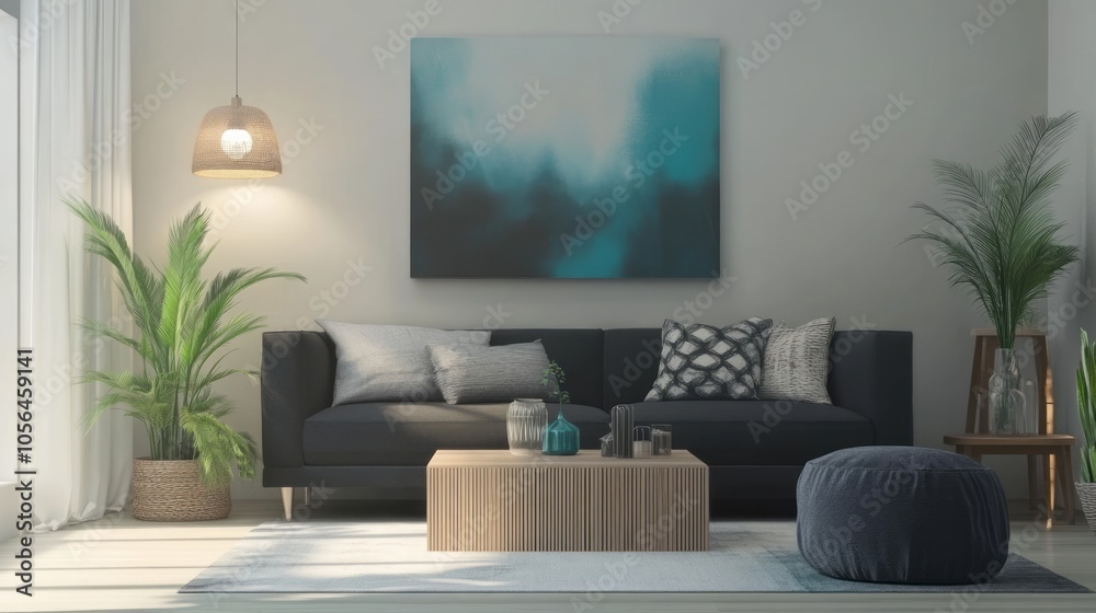A beige living room with dark gray seating, teal blue artwork, and light wooden elements A beige living room with dark gray seating, teal blue artwork, and light wooden elements