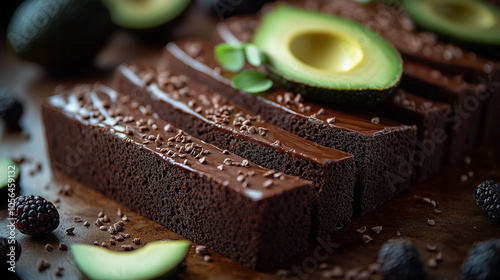 Fudgy Chocolate Avocado Brownies with Rich Chocolate Chips and Fresh Avocado Halves photo