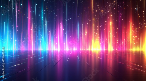 Vibrant Neon Abstract Background of Rainbow Light Streaks and Stars : Generative AI