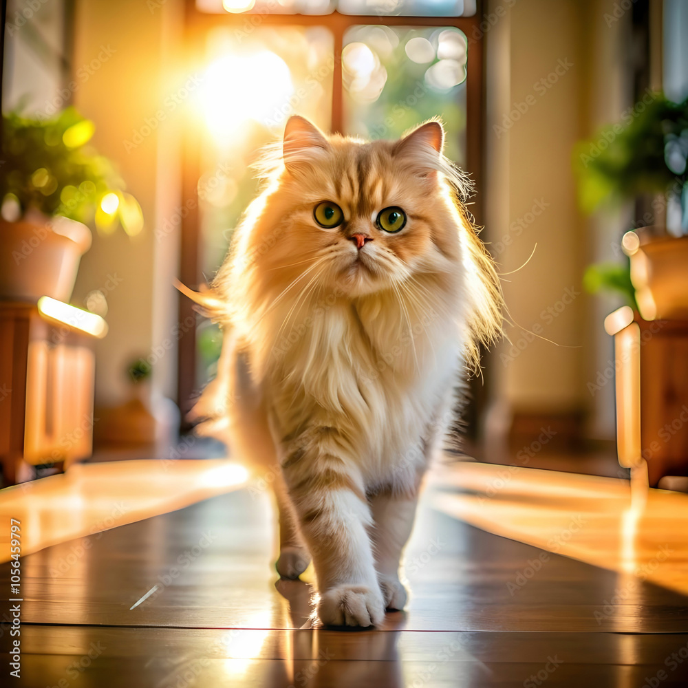 cute persona cat walking in house under sunlight