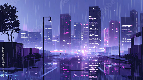 An elegant, futuristic cityscape at dusk, with sleek skyscrapers illuminated by neon lights reflecting off of glistening rain-soaked streets below.