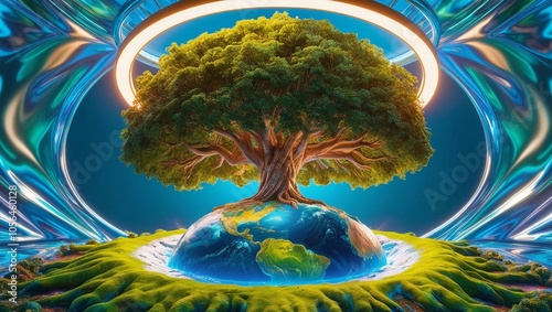 Tree Growing on Earth with Abstract Blue Background – Symbolizing Environmental Technology, Earth Day, Energy Saving, Eco-Friendly Practices, CSR, and IT Ethics photo