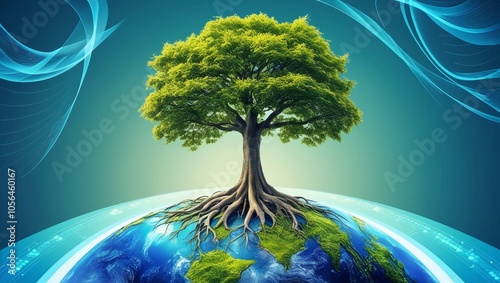 Tree Growing on Earth with Abstract Blue Background – Symbolizing Environmental Technology, Earth Day, Energy Saving, Eco-Friendly Practices, CSR, and IT Ethics photo