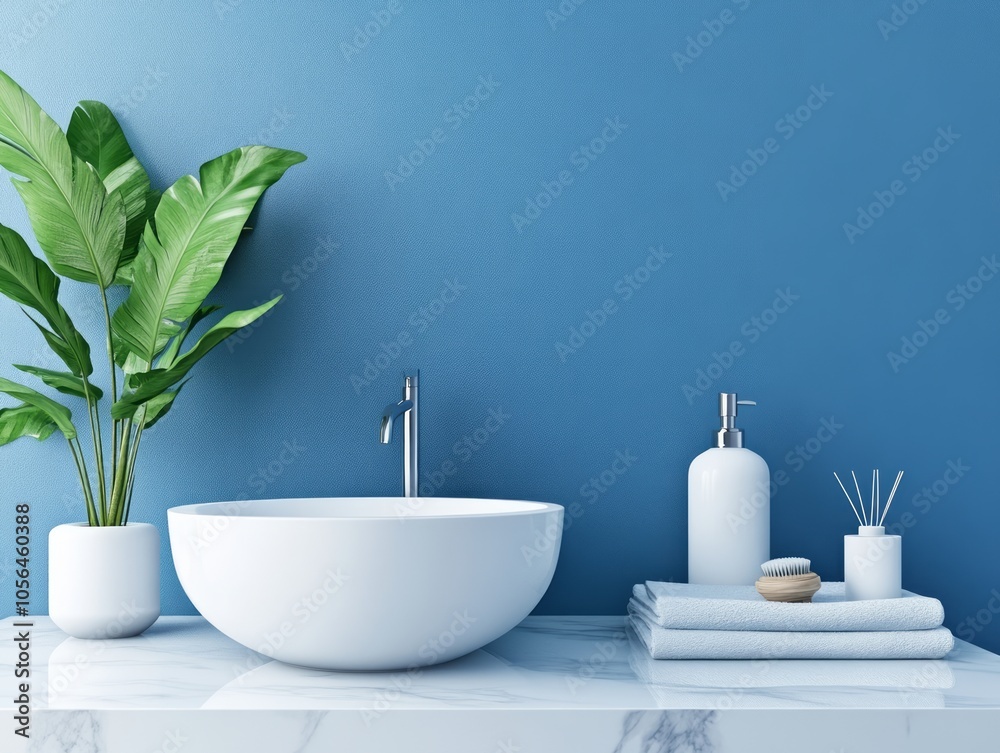 A bright blue wall that provides a fresh feel, accented with white and marble accessories for a stylish modern look A bright blue wall that provides a fresh feel, accented with white and marble accessories for a stylish modern look