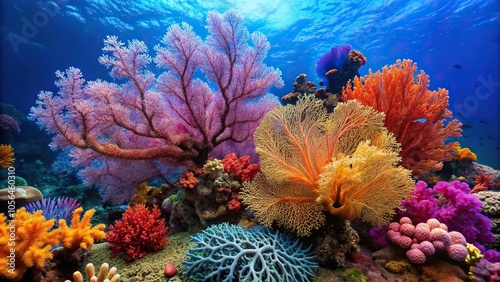 A colorful coral formation with various sea fans and anemones swaying gently in the current, marine life, sea fans, coral reef, coral formation, coral diversity photo