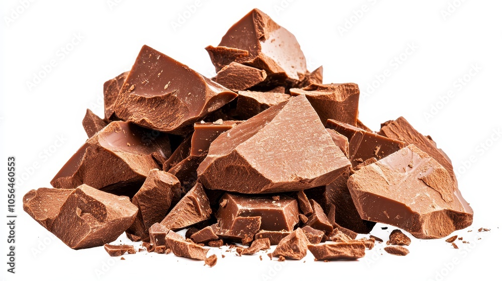 Macro shot of broken milk chocolate chunks, rich and creamy texture isolated on white, ideal for chocolate product ads, high-resolution detail Macro shot of broken milk chocolate chunks, rich and creamy texture isolated on white, ideal for chocolate product ads, high-resolution detail