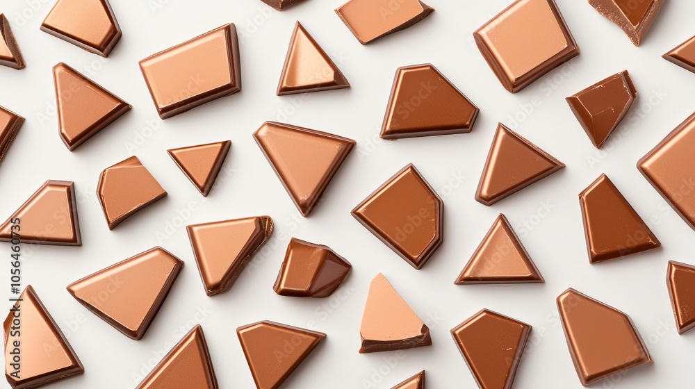 Scattered chunks of creamy milk chocolate, arranged in an organic pattern, soft reflections on a white background, highlighting smoothness and richness Scattered chunks of creamy milk chocolate, arranged in an organic pattern, soft reflections on a white background, highlighting smoothness and richness