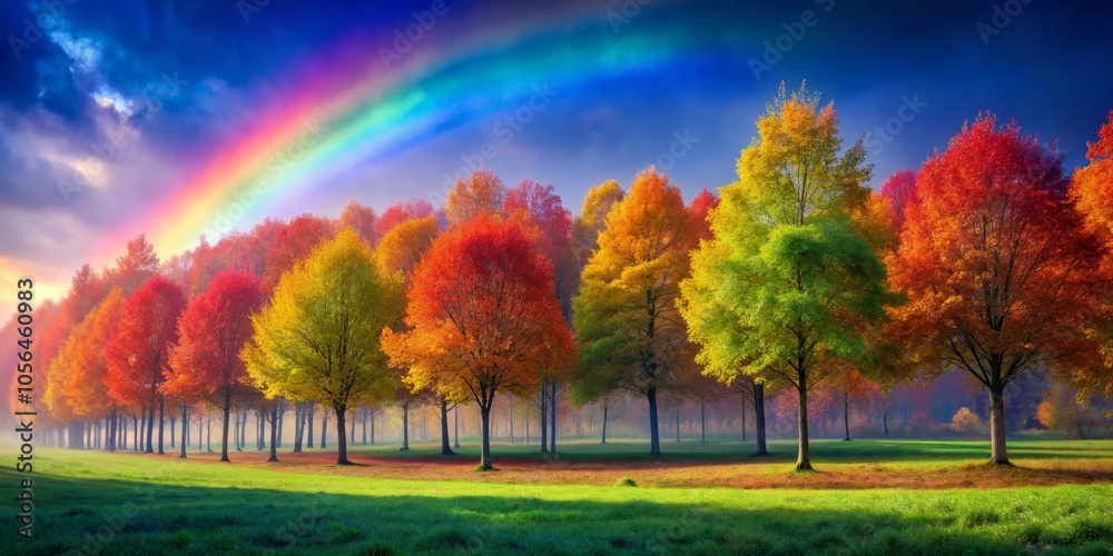 Autumnal Rainbow A Line of Trees Bathed in Golden Light and a Misty Sky with a Vibrant Rainbow Arcing Above Autumnal Rainbow A Line of Trees Bathed in Golden Light and a Misty Sky with a Vibrant Rainbow Arcing Above