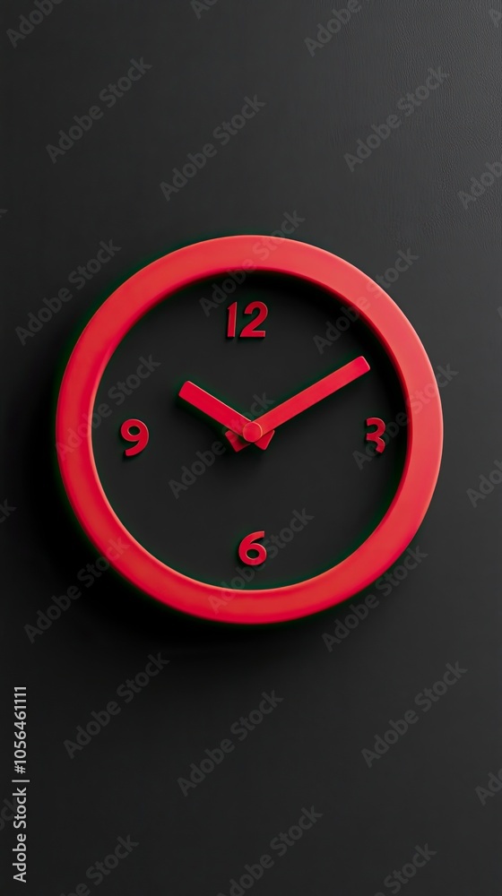 Modern red clock on a black wall displaying the time Modern red clock on a black wall displaying the time