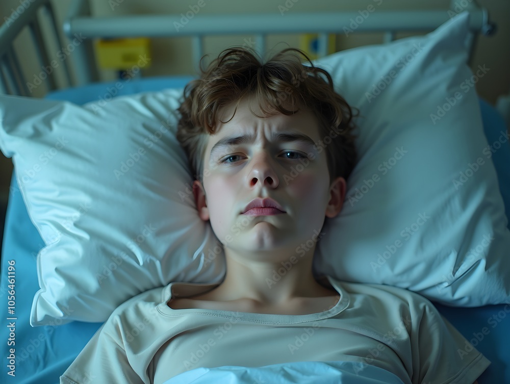 18 year old skater in a hospital, sitting back in a hospital bed in the emergency room with head back against a pillow, frowning 18 year old skater in a hospital, sitting back in a hospital bed in the emergency room with head back against a pillow, frowning