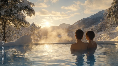 A family enjoying a winter vacation at a hot spring, surrounded by snowcovered mountains focus on, relaxing escape, vibrant, overlay, geothermal spa backdrop photo