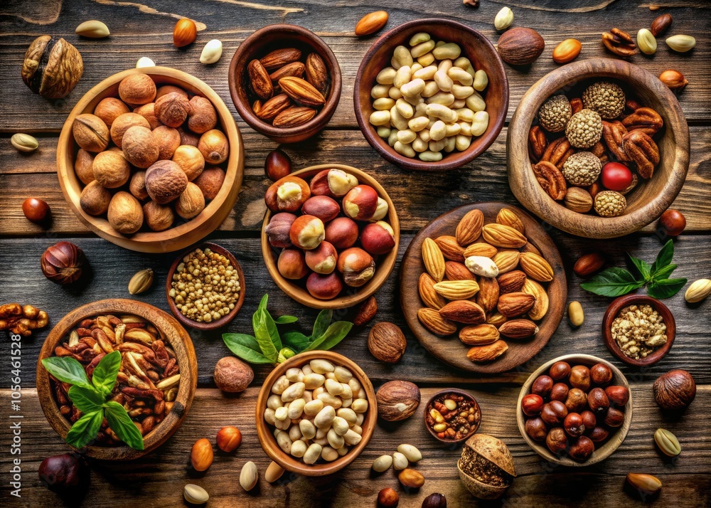 Panoramic View of a Diverse Set of Nuts on a Wooden Table for Healthy Snacking Panoramic View of a Diverse Set of Nuts on a Wooden Table for Healthy Snacking