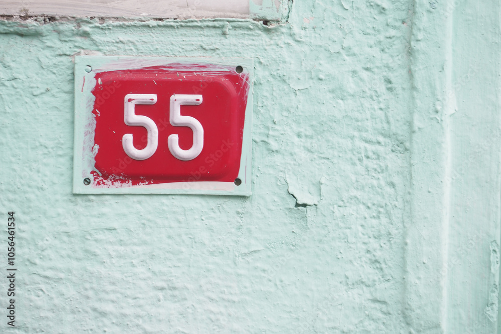 The House Number 55 is beautifully displayed on a vibrant and colorful wall, making it stand out The House Number 55 is beautifully displayed on a vibrant and colorful wall, making it stand out