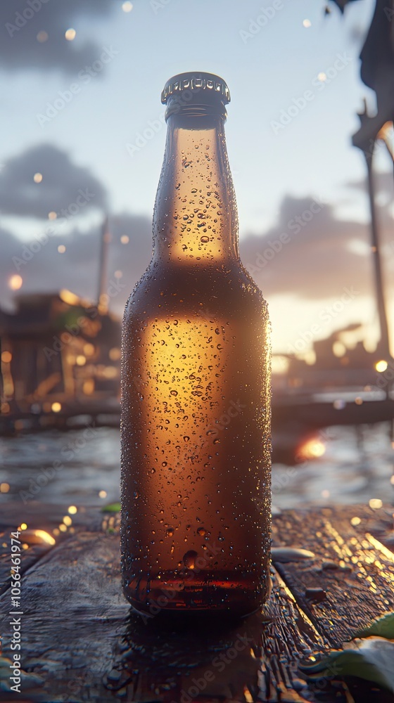 A beautifully crafted beer bottle illuminated by sunset reflections A beautifully crafted beer bottle illuminated by sunset reflections