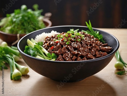 Bulgogi in Shallow Bowl with Wooden Surface