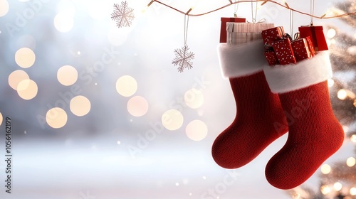 Close-up of Christmas socks filled with candy canes, toys, and ornaments, stylized illustration, isolated on white background photo