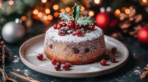 Wallpaper Mural A Christmas pudding dusted with powdered sugar and topped with a sprig of holly selective focus, traditional festive dessert, whimsical, overlay, holiday dinner table backdrop Torontodigital.ca