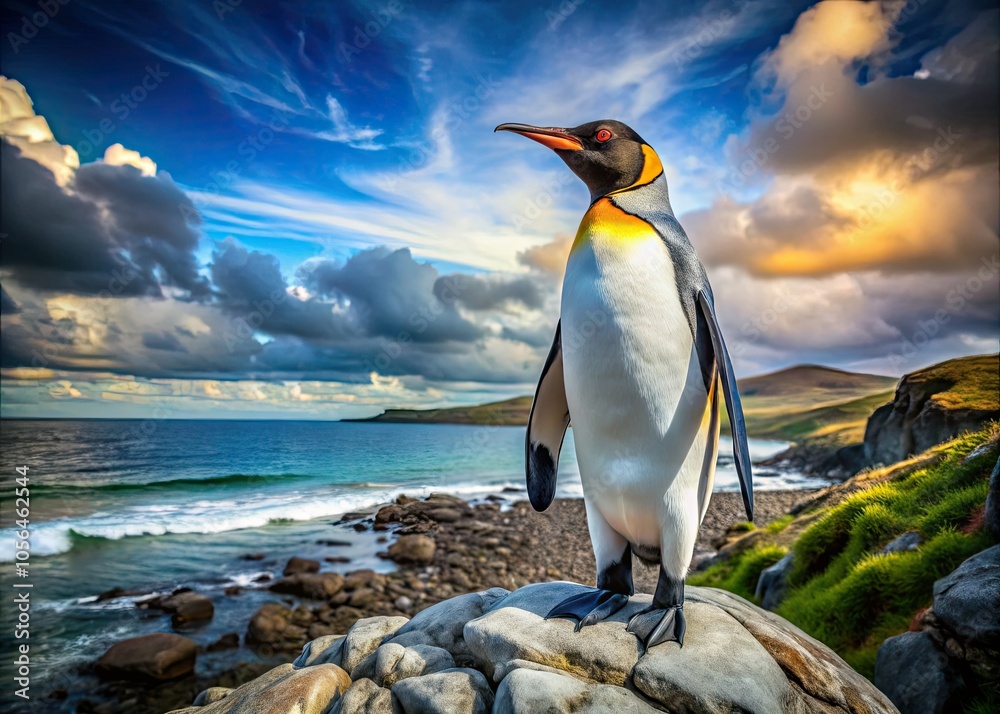 Fototapeta premium Perched on a rocky outcrop, a majestic king penguin showcases its elegance, set against an awe-inspiring coastal landscape that highlights nature's grandeur and power.