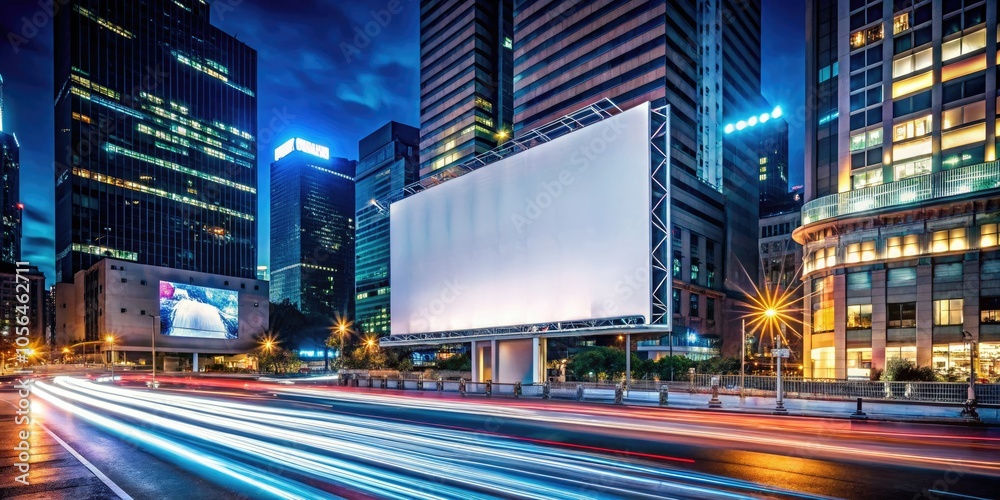 Naklejka premium Photorealistic Blank Billboard at Night in Vibrant City with Neon Reflection for Urban Advertisement Mockup