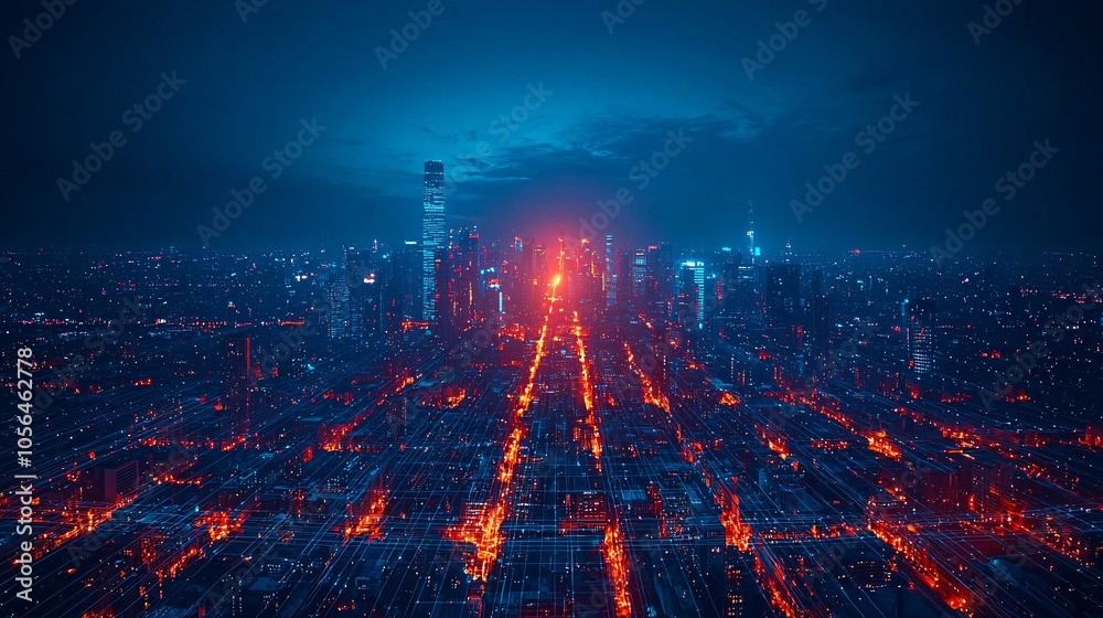 Naklejka premium Futuristic Cityscape with Connected Network Night View Digital City Urban Development Modern