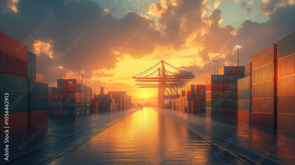 Obraz premium Sunset view of shipping port with containers. Sunset illuminates a shipping port with stacked containers and cranes, showcasing international trade, logistics, and supply chain operations.
