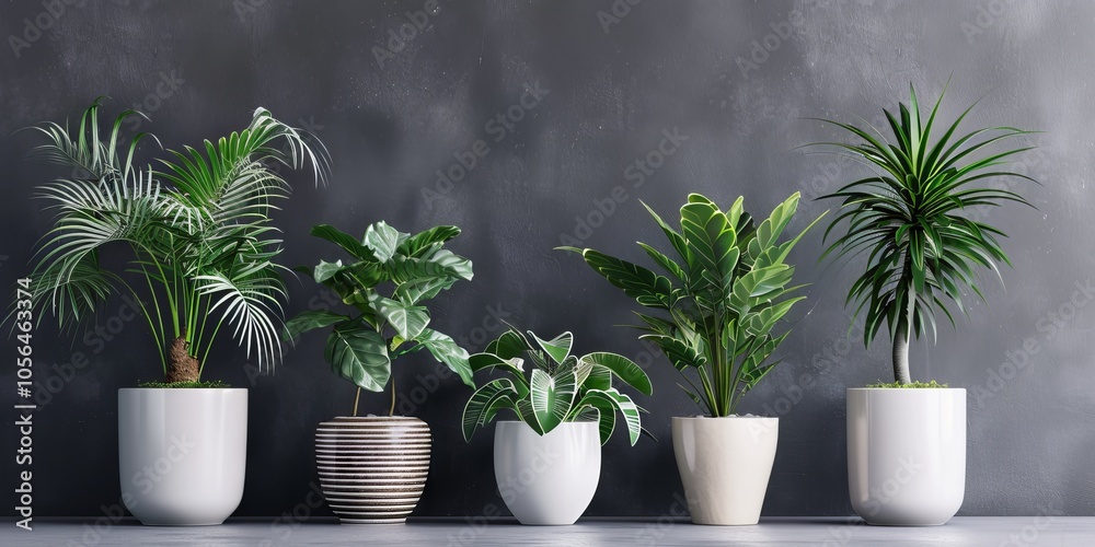 A collection of various indoor plants in sleek white pots, set against a dark gray wall, perfect for modern home decor inspiration. A collection of various indoor plants in sleek white pots, set against a dark gray wall, perfect for modern home decor inspiration.