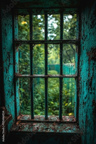 Rusted Window Bars Framing a Blurred Green Forest