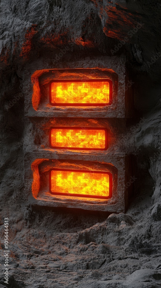 Glowing furnace embedded in dark rock with fiery orange lights