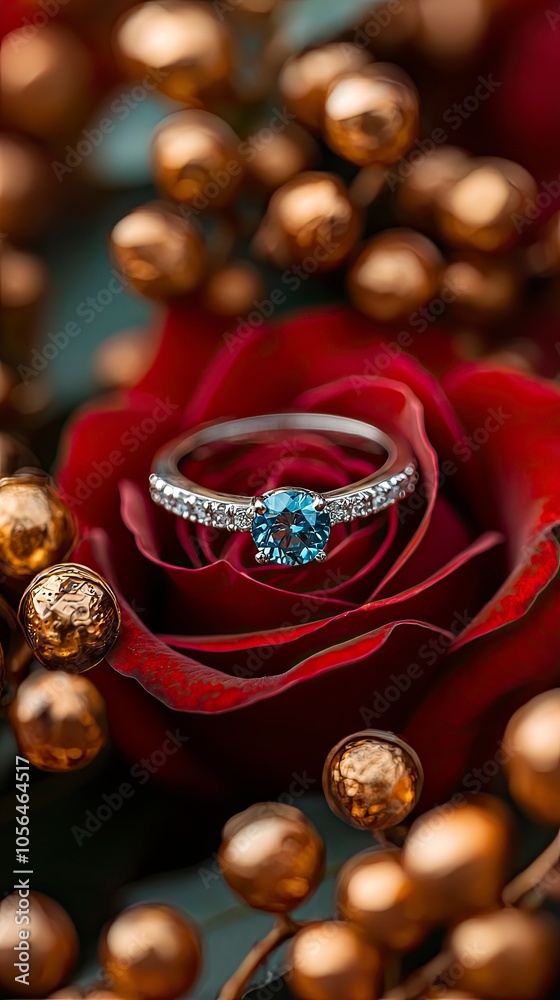 Sparkling blue ring surrounded by flowers and golden ornaments Sparkling blue ring surrounded by flowers and golden ornaments