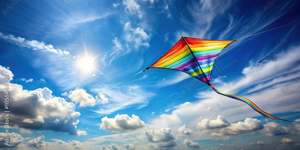 A kite soaring high in the sky with the wind blowing through its fabric and a long tail streaming behind, kite, tail, sports, fabric, aerial A kite soaring high in the sky with the wind blowing through its fabric and a long tail streaming behind, kite, tail, sports, fabric, aerial