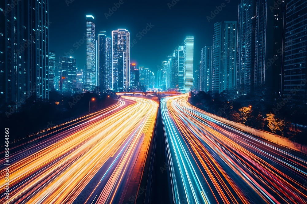 Illuminated Urban Expressway with Energetic Light Trails Amidst Skyscrapers : Generative AI Illuminated Urban Expressway with Energetic Light Trails Amidst Skyscrapers : Generative AI