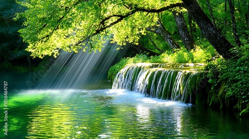 Waterfall cascades down mossy rocks in a lush, green forest