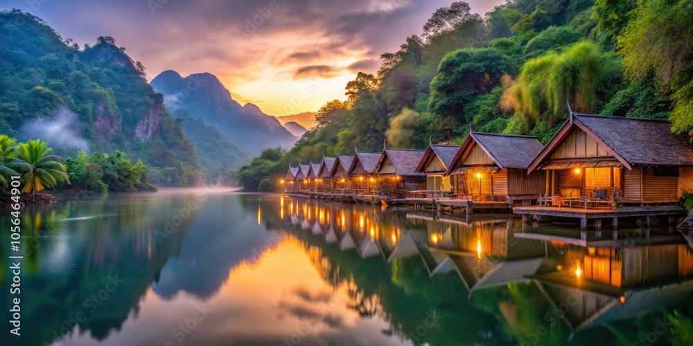 Fototapeta premium Raft Houses on the River Kwai at Dusk - Low Light Photography in Kanchanaburi, Thailand