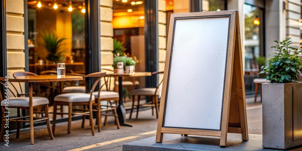 Blank Wooden Signboard Outside Restaurant with Empty Tables and Chairs Blank Wooden Signboard Outside Restaurant with Empty Tables and Chairs