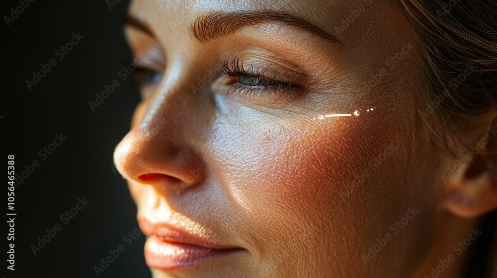 Fototapeta premium Focused portrait of a woman with radiant skin, skin-lifting lines traced across forehead and jaw, ambient lighting, luxurious skincare routine, hyper-detailed