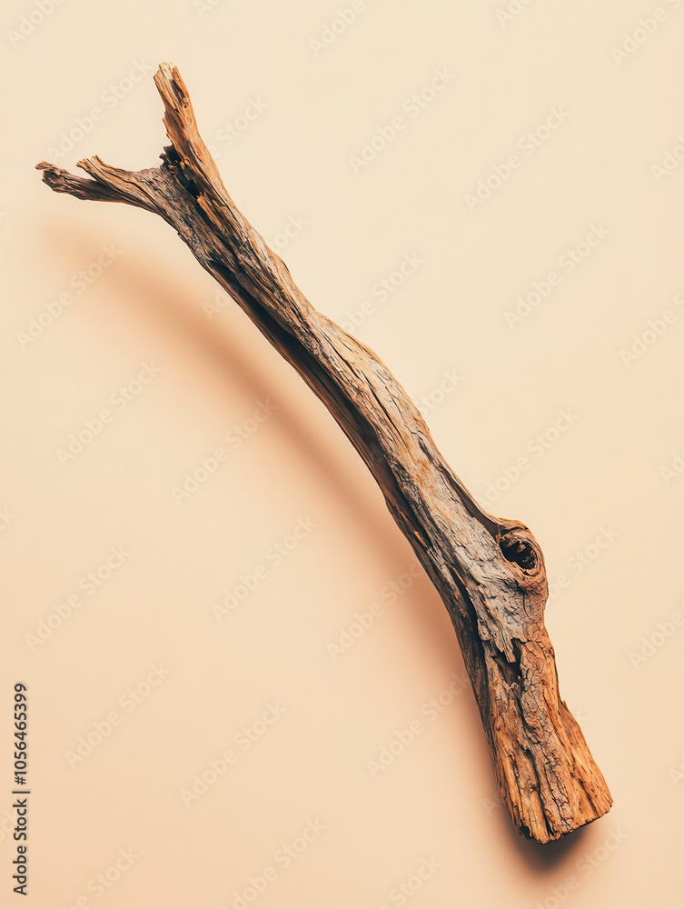 Fototapeta premium A rustic piece of driftwood on a soft, neutral background.