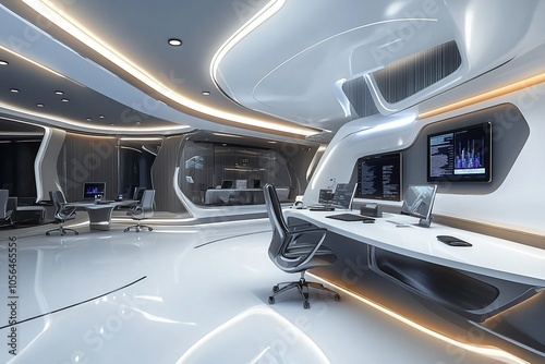 futuristic office space with many modern work desks