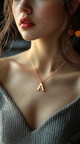 Close-up portrait of a woman wearing a gold initial necklace photo