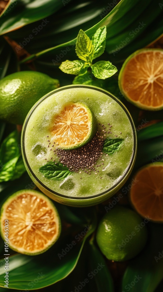 Refreshing green smoothie with lime and mint on a tropical backdrop Refreshing green smoothie with lime and mint on a tropical backdrop