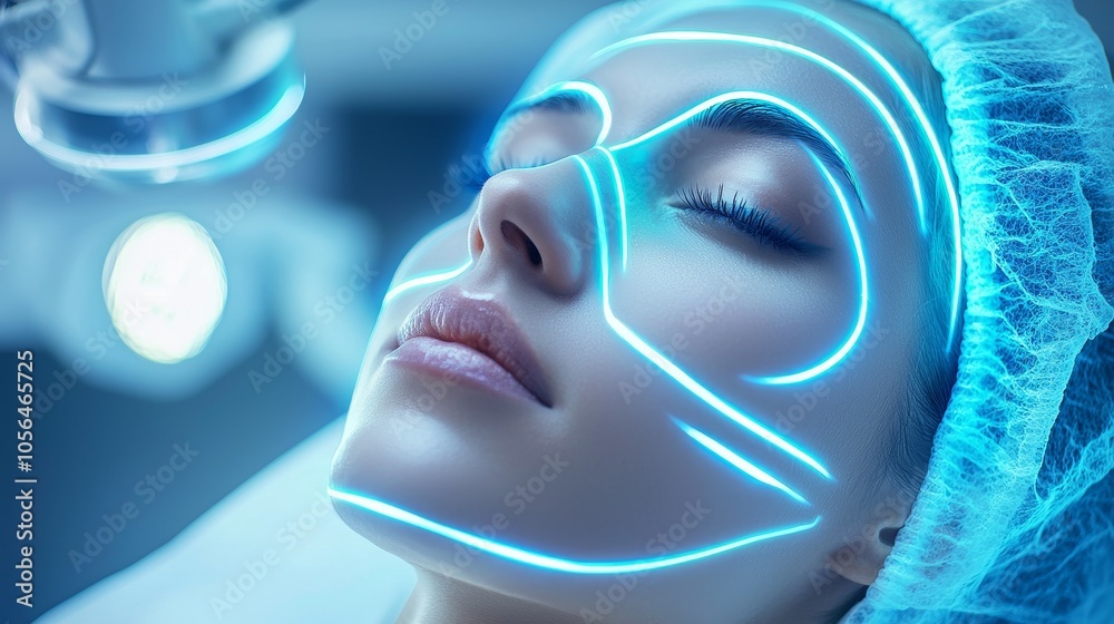 High-tech beauty salon with glowing woman's face enhanced by blue contouring lines, emphasizing her smooth skin, with modern medical devices in the background High-tech beauty salon with glowing woman's face enhanced by blue contouring lines, emphasizing her smooth skin, with modern medical devices in the background