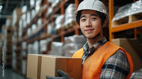 Warehouse worker with boxes in logistics center. Young warehouse employee holds two cardboard boxes in a busy logistics facility, wearing safety gear and standing by organized shelves.