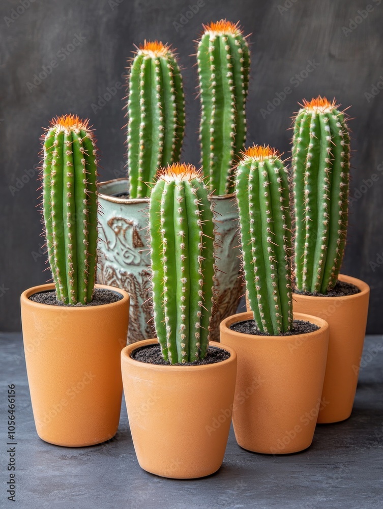 A collection of tall cacti in orange pots, showcasing vibrant green and orange colors. A collection of tall cacti in orange pots, showcasing vibrant green and orange colors.