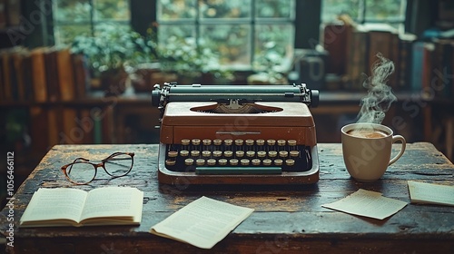 Vintage Typewriter Coffee and Book on Wooden Desk Writer s Workspace photo