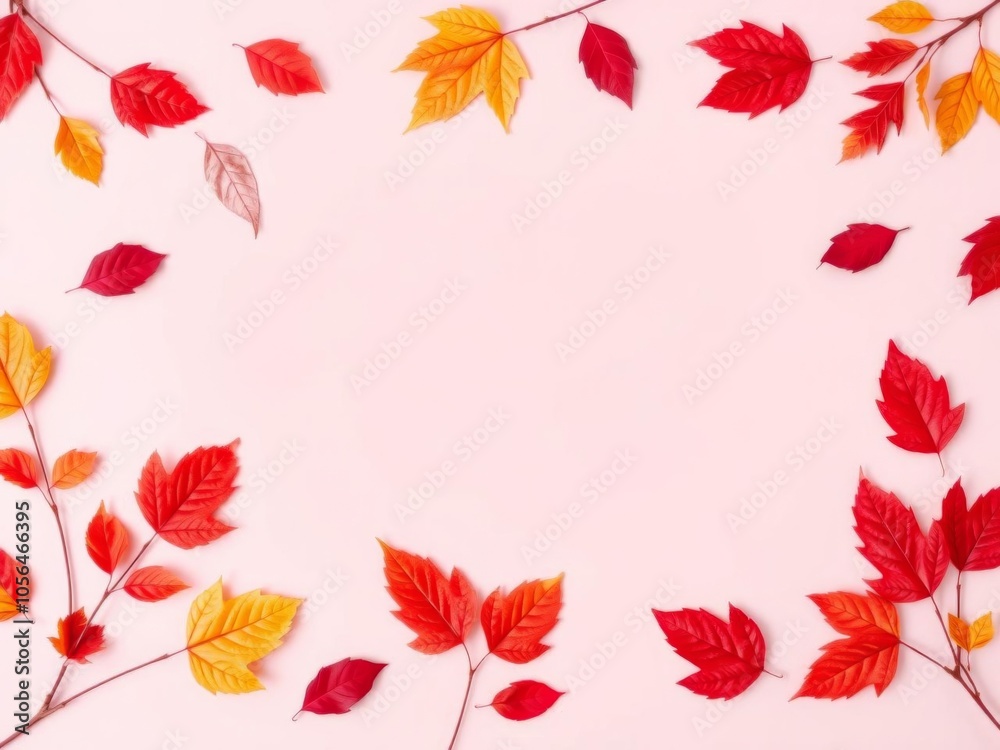Fototapeta premium Colorful red autumn leaves arranged on pastel pink background in a minimal composition frame, creating a modern fall concept flat lay with copy space, fall, leaves