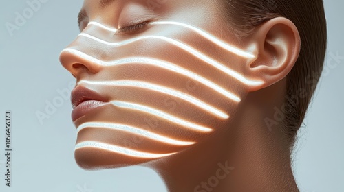 Minimalist beauty shot of a woman's face mid-treatment, silver lines shaping her forehead and cheeks, radiating calm and rejuvenation photo