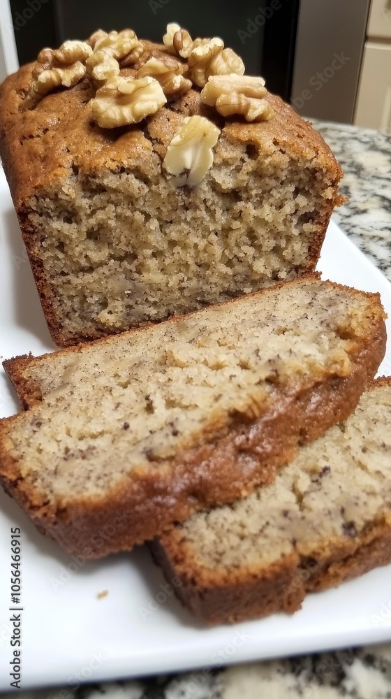 Delicious homemade banana bread with walnuts on a serving plate Delicious homemade banana bread with walnuts on a serving plate