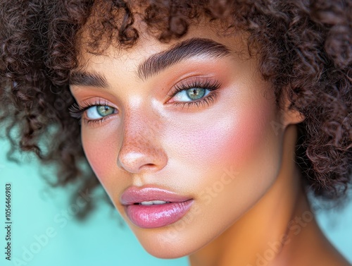 A model with glowing skin using a facial oil to combat dry winter air close up, radiant winter skin, futuristic, composite, minimalist vanity backdrop